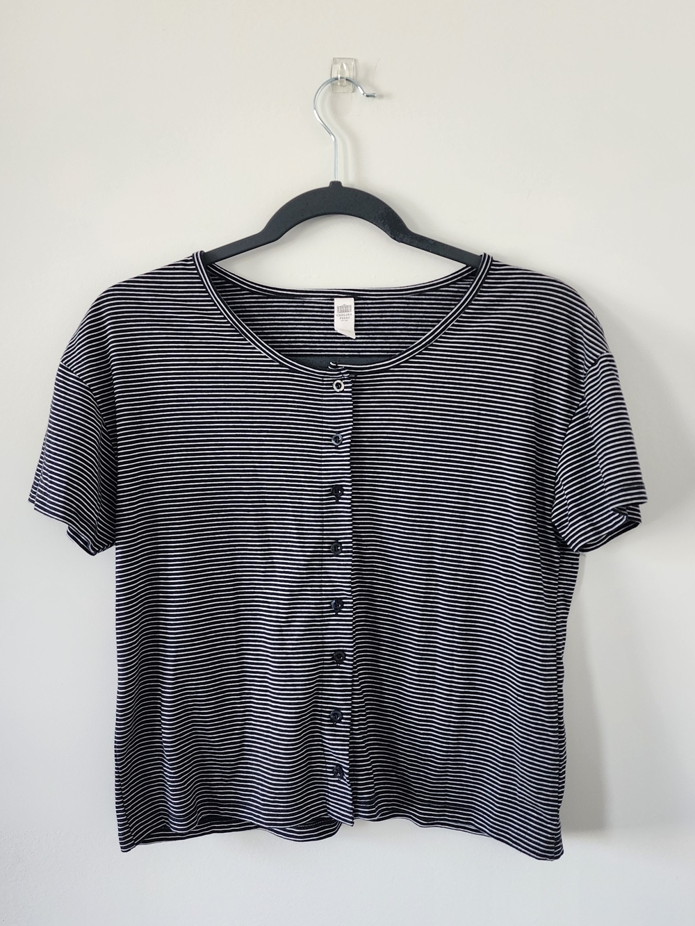 Chelsea Peers Navy White Stripe Short Sleeve Button Front Crop Cardigan Small
